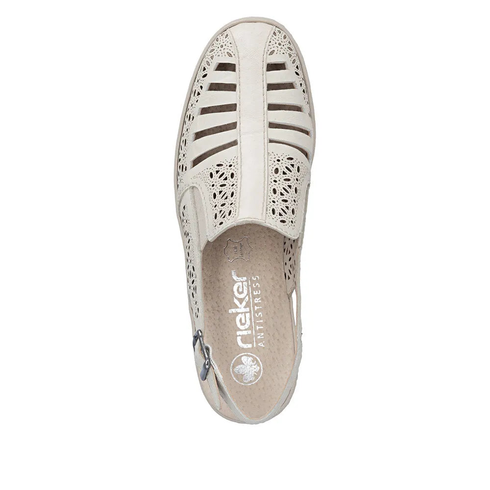 Rieker 48763-60 women's cream leather slingback sandals with intricate cutout design and open toe style.