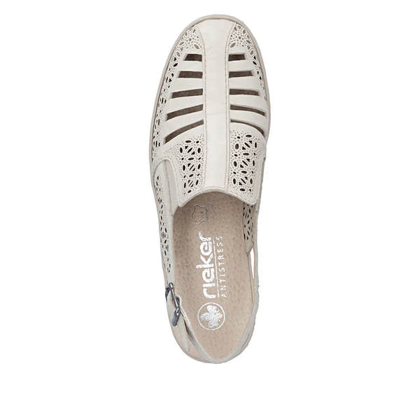 Rieker 48763-60 women's cream leather slingback sandals with intricate cutout design and open toe style.