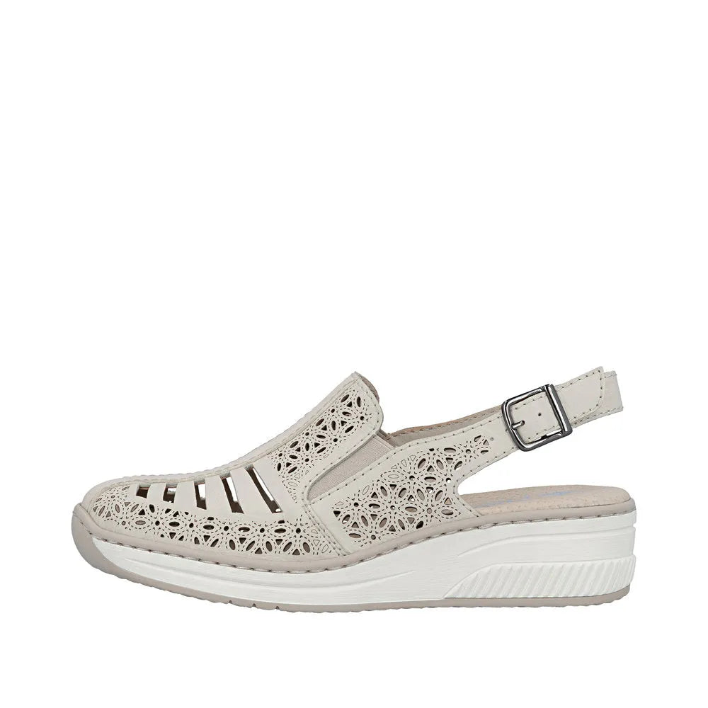 Rieker 48763-60 cream leather women's sling back sandals with cutout design and adjustable strap.