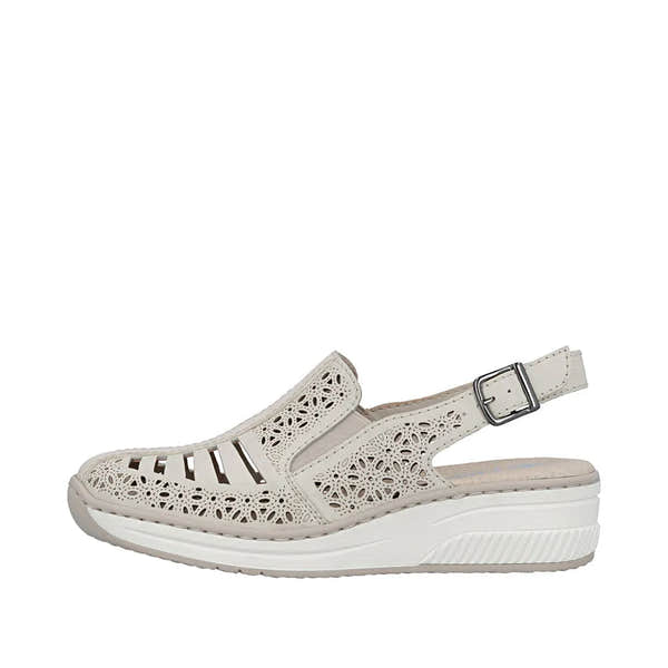 Rieker 48763-60 cream leather women's sling back sandals with cutout design and adjustable strap.