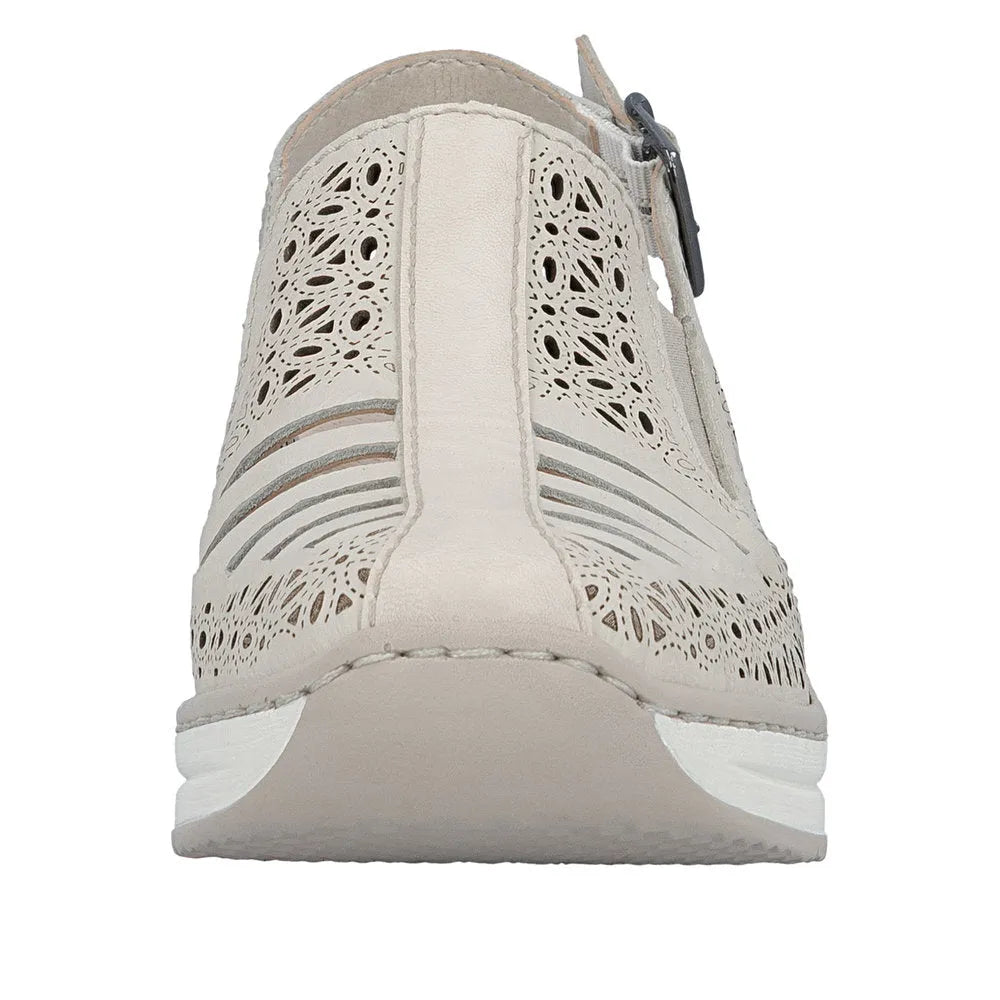 Rieker 48763-60 women's cream leather slingback sandals with laser-cut detailing and a comfortable wedge sole.