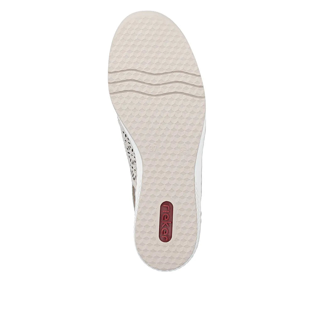 Rieker 48763-60 women's cream leather sling back sandals with textured sole and open heel, stylish and comfortable summer footwear.