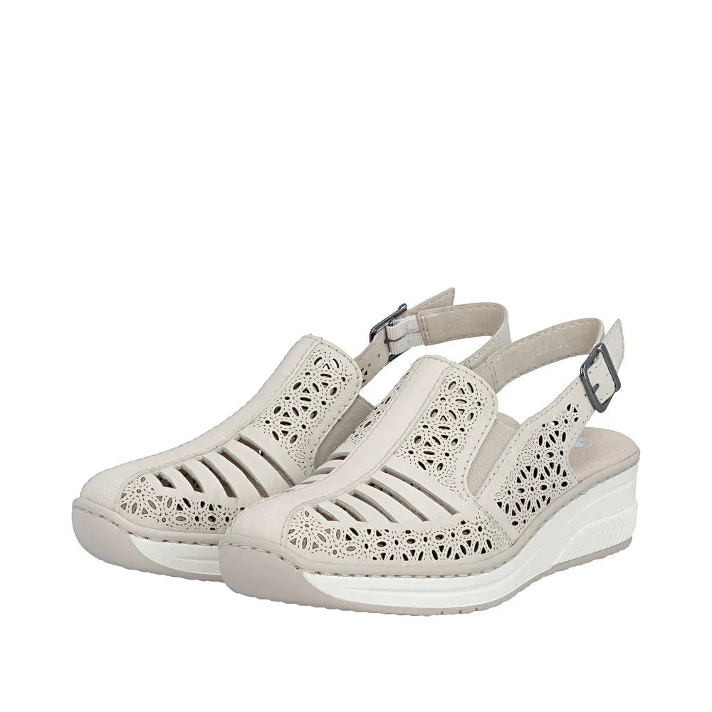 Rieker 48763-60 women's cream leather sling back sandals with cutout and perforated design, low wedge heel, and adjustable ankle strap.