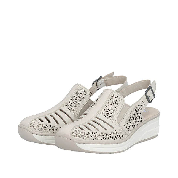 Rieker 48763-60 women's cream leather sling back sandals with cutout and perforated design, low wedge heel, and adjustable ankle strap.