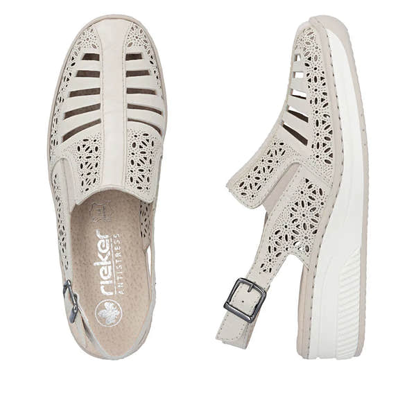 Rieker 48763-60 women's cream leather slingback sandals with cut-out floral and striped design, adjustable buckle, and cushioned insole.