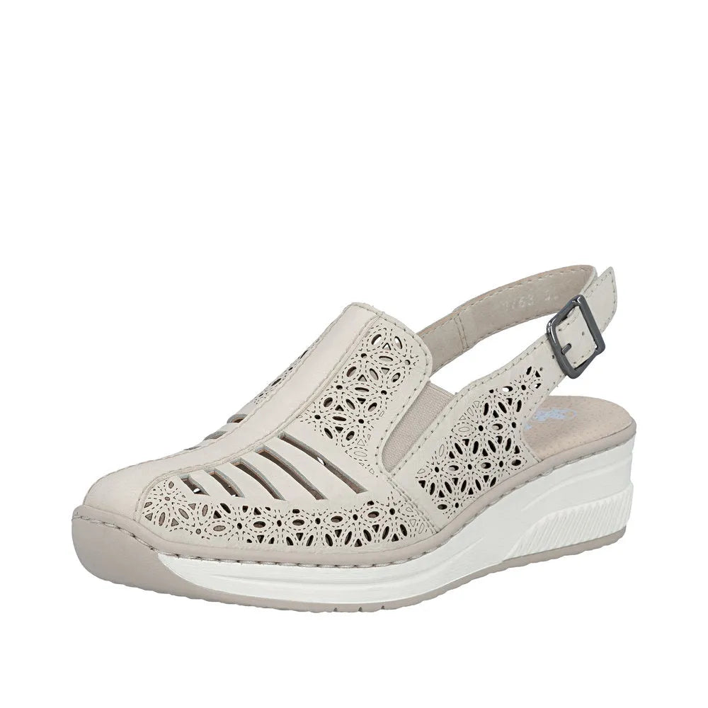 Rieker 48763-60 women's cream leather sling back sandals with cutout floral design and adjustable strap.