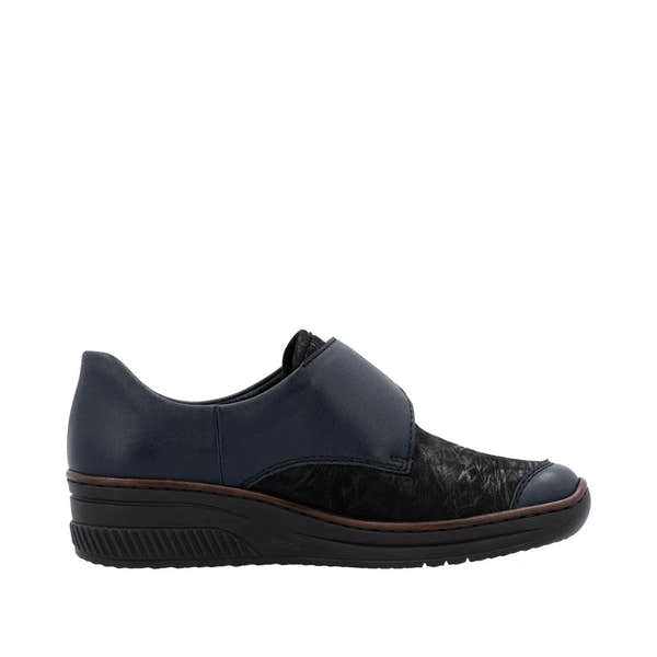 Rieker 487C0-15 ladies blue leather touch fastening shoes with black textured accents and a slip-on design.