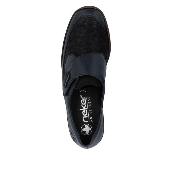 Rieker 487C0-15 Ladies Blue Leather Touch Fastening Shoes, stylish and comfortable slip-on with anti-stress sole.