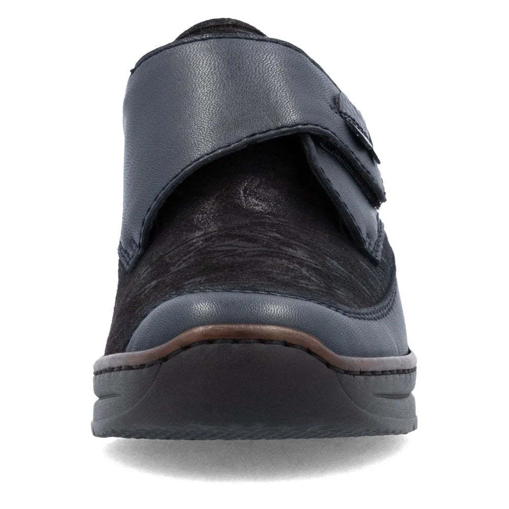 Rieker 487C0-15 women's blue leather touch fastening shoes, casual slip-on walking shoes, comfortable and stylish.