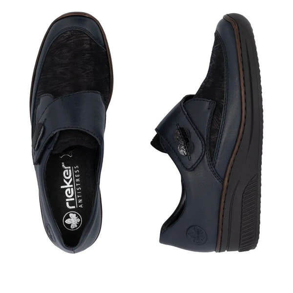 Rieker 487C0-15 women's blue leather touch fastening shoes with anti-slip sole and cushioned interior.