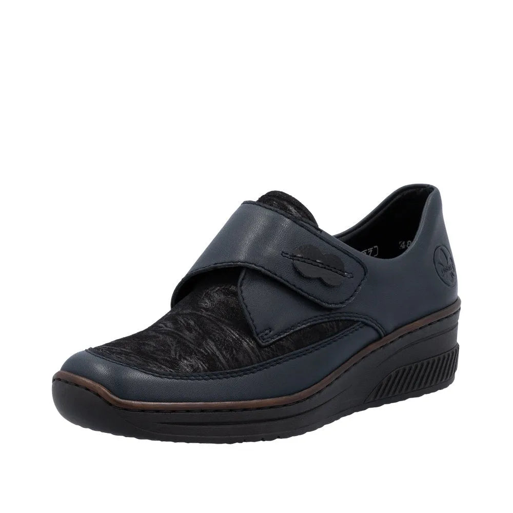 Rieker 487C0-15 Women's Blue Leather Touch Fastening Shoes with wedge heel and textured black front panel.