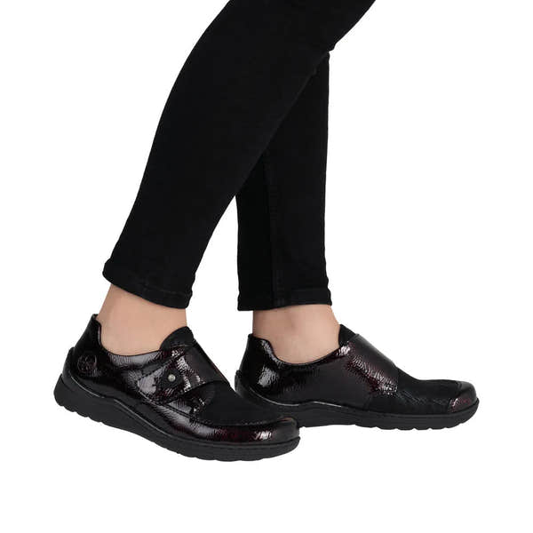 Rieker 48951-35 women's red touch-fastening shoes with glossy finish and comfortable sole.