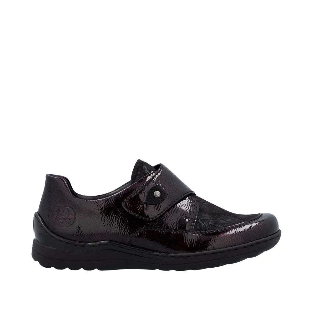 Rieker 48951-35 women's red touch fastening shoes, glossy leather, slip-on design with adjustable strap, comfortable sole.