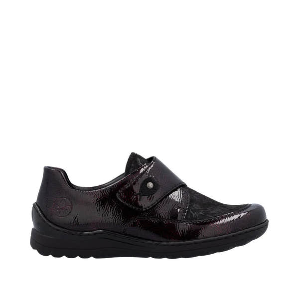 Rieker 48951-35 women's red touch fastening shoes, glossy leather, slip-on design with adjustable strap, comfortable sole.