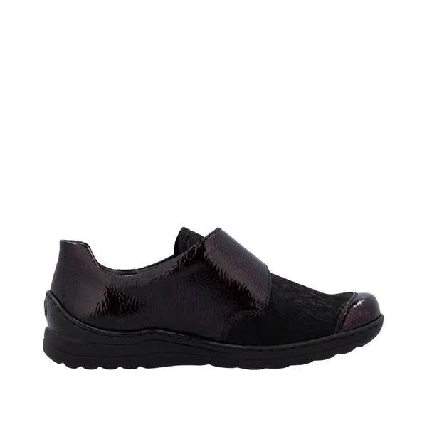 Rieker 48951-35 women's red touch fastening shoes with black accents, slip-on design, comfortable sole, and stylish finish.