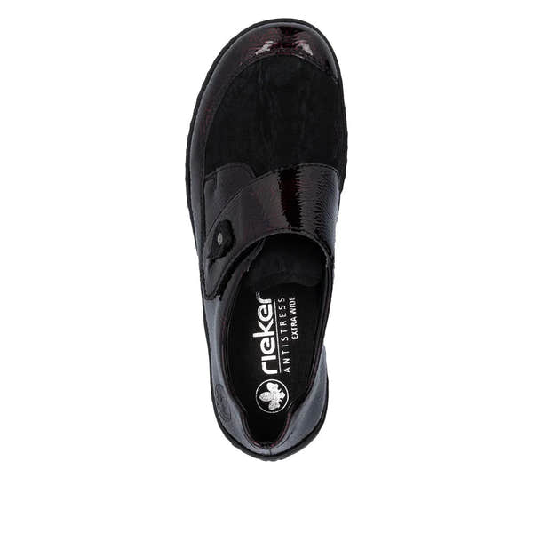 Rieker 48951-35 women's red touch fastening shoes with glossy side panels and comfortable fit.