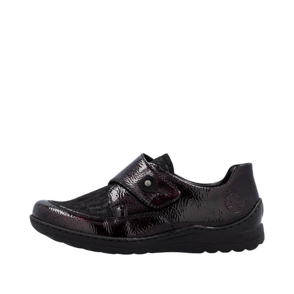 Rieker 48951-35 women's red touch fastening shoes with glossy finish and comfortable black sole.