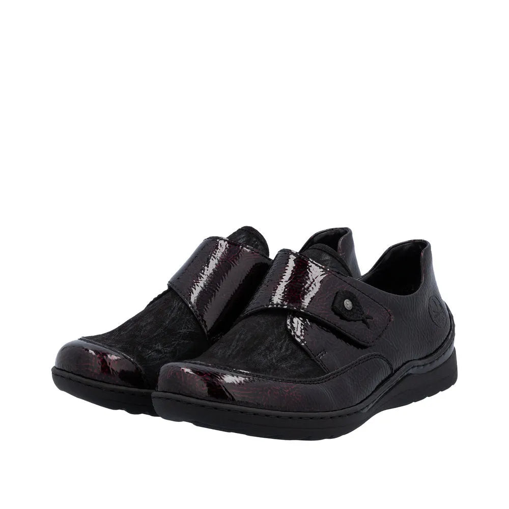 Rieker 48951-35 women's red touch fastening shoes with black leather and patent accents, designed for comfort and style.