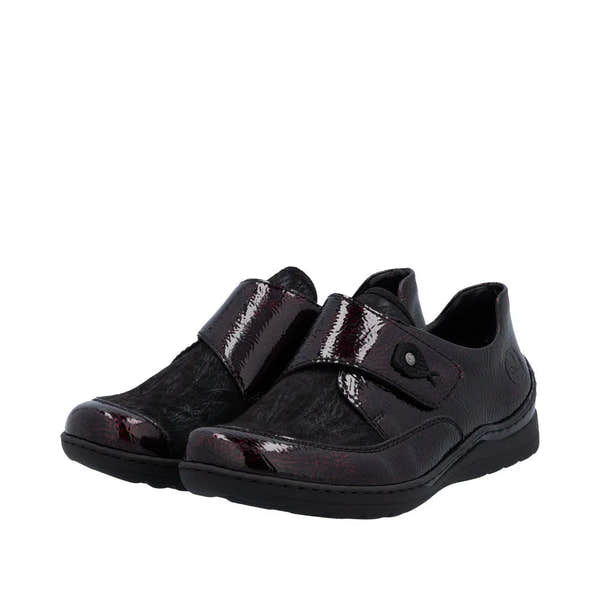 Rieker 48951-35 women's red touch fastening shoes with black leather and patent accents, designed for comfort and style.