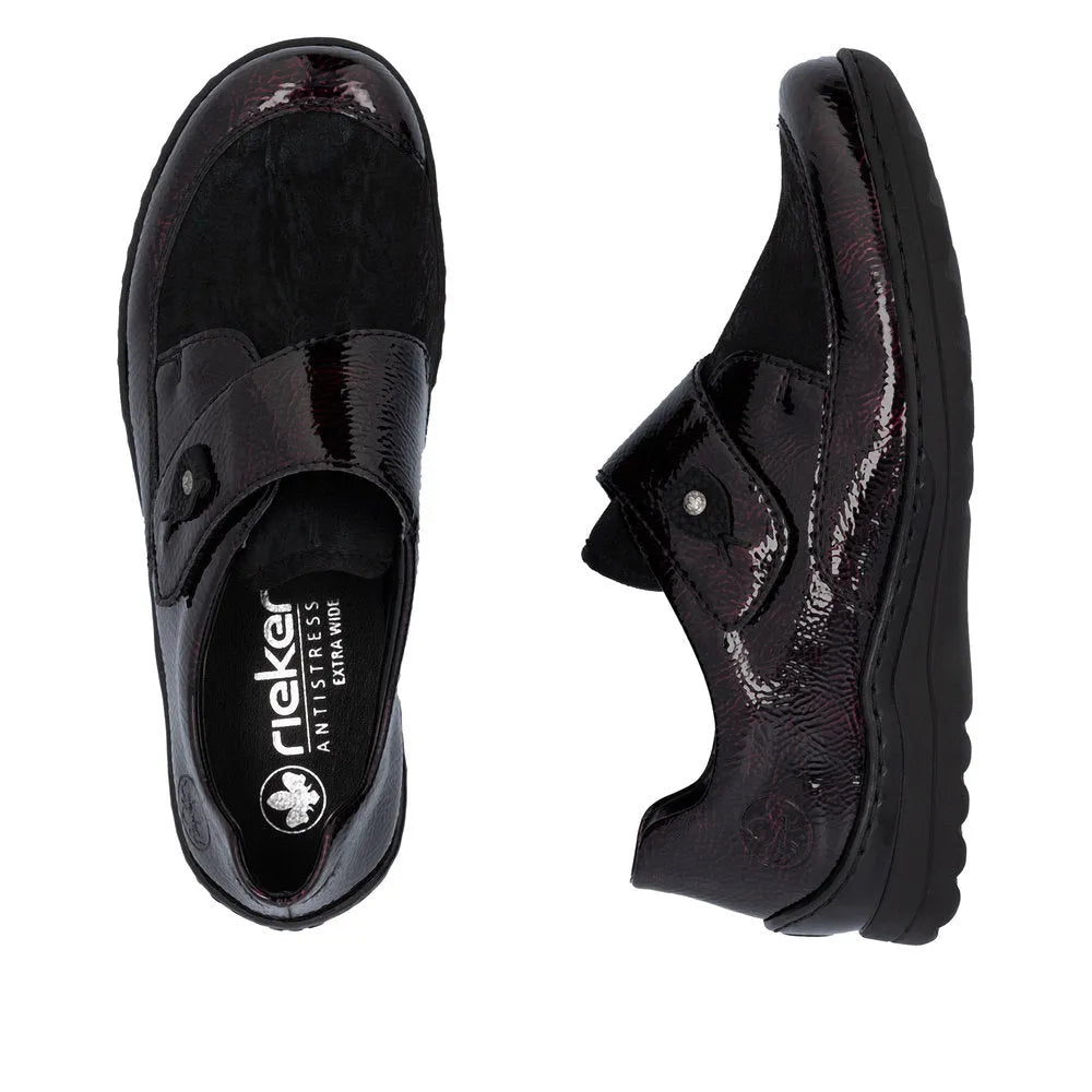 Rieker 48951-35 women's red touch fastening shoes with glossy finish and comfortable black sole.