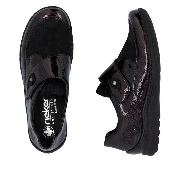 Rieker 48951-35 women's red touch fastening shoes with glossy finish and comfortable black sole.
