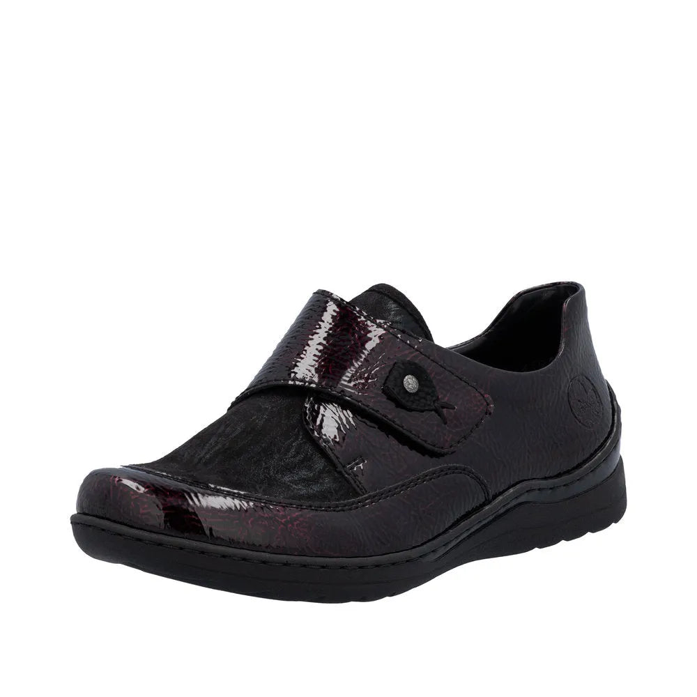 Rieker 48951-35 womens red touch-fastening shoes with leather upper and cushioned sole for comfort.