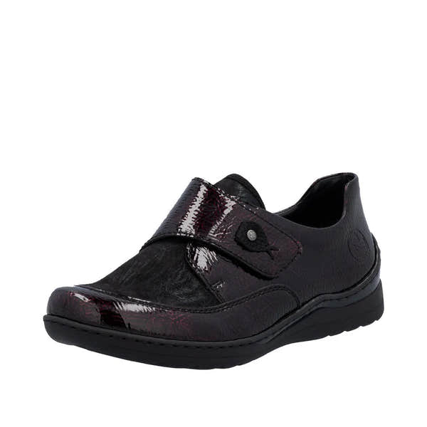 Rieker 48951-35 womens red touch-fastening shoes with leather upper and cushioned sole for comfort.