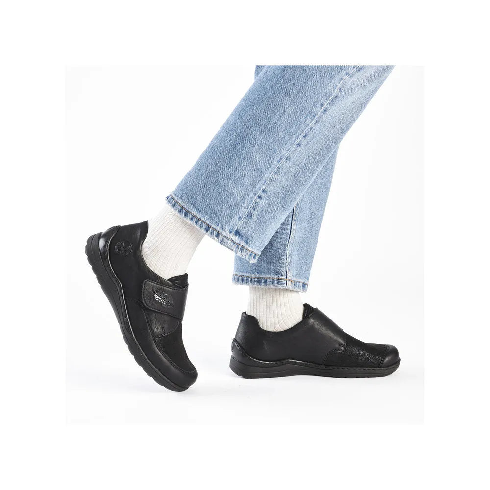 Rieker 48954-00 stretch ladies black touch fastening shoes with supportive design and casual style.