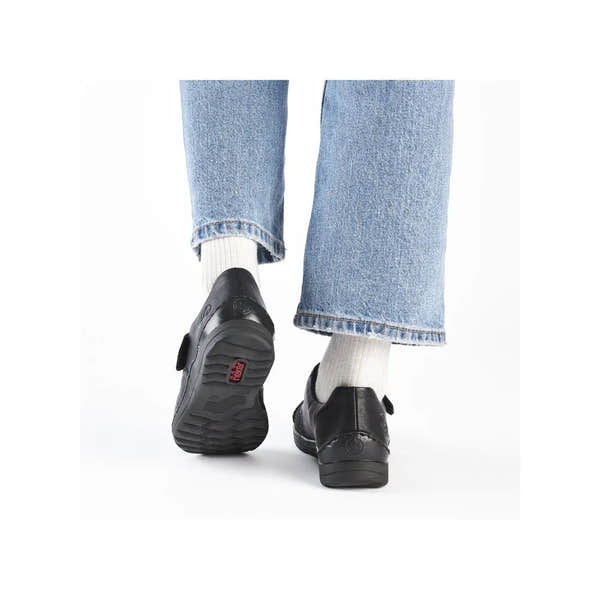 Rieker 48954-00 black stretch ladies touch fastening shoes, slip-on design, comfortable footwear with textured soles.