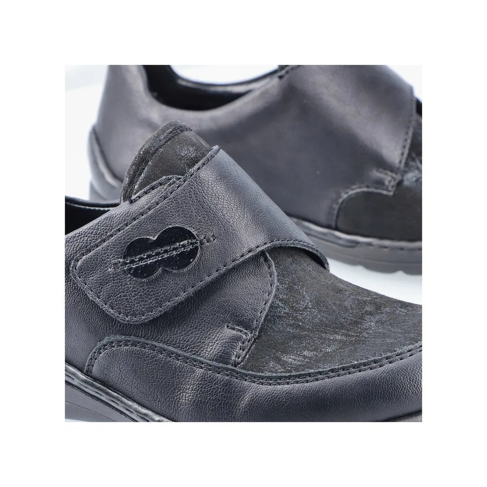 Rieker 48954-00 black stretch women's touch fastening shoes with comfortable slip-on design and textured leather finish.