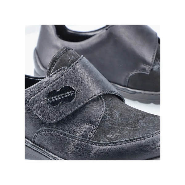 Rieker 48954-00 black stretch women's touch fastening shoes with comfortable slip-on design and textured leather finish.