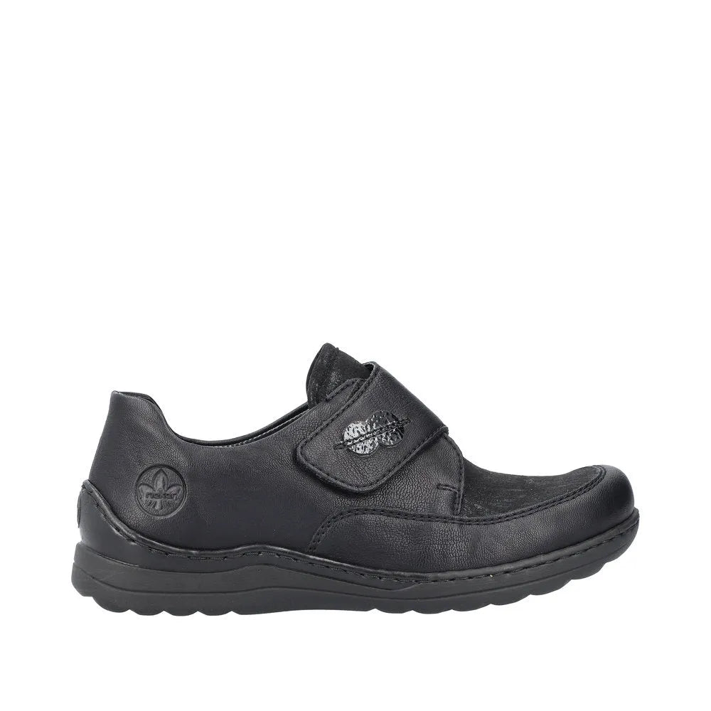 Rieker 48954-00 black ladies stretch touch fastening shoes with cushioned sole and slip-on design.
