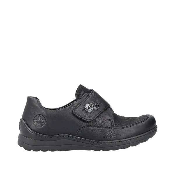 Rieker 48954-00 black ladies stretch touch fastening shoes with cushioned sole and slip-on design.