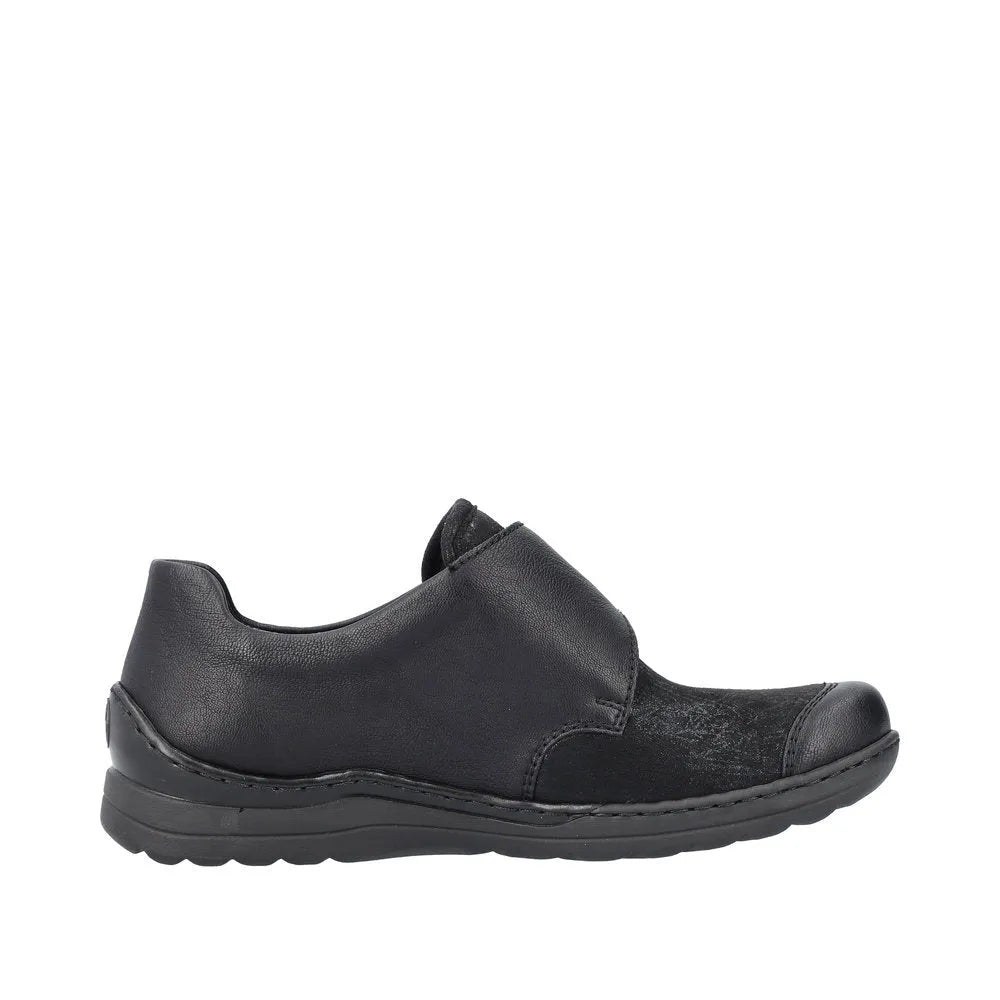 Rieker 48954-00 women's black touch fastening stretch shoes with slip-on design and comfortable sole.