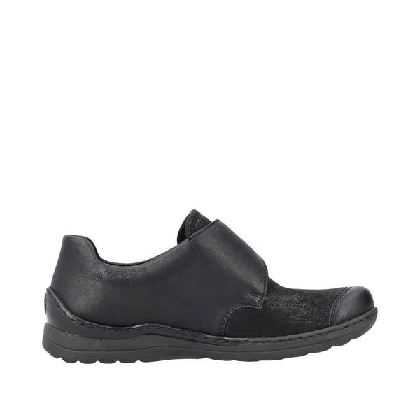 Rieker 48954-00 women's black touch fastening stretch shoes with slip-on design and comfortable sole.