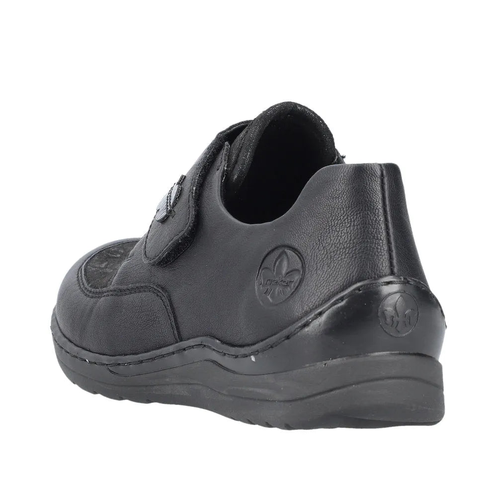 Rieker 48954-00 black stretch women's touch fastening shoes with cushioned sole and ergonomic design.