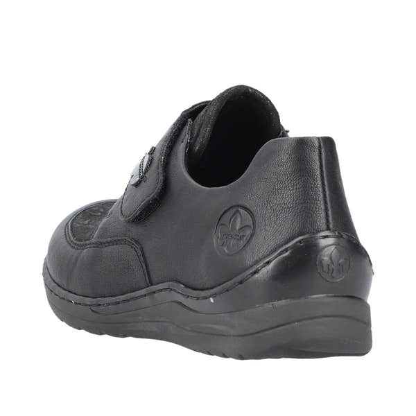 Rieker 48954-00 black stretch women's touch fastening shoes with cushioned sole and ergonomic design.