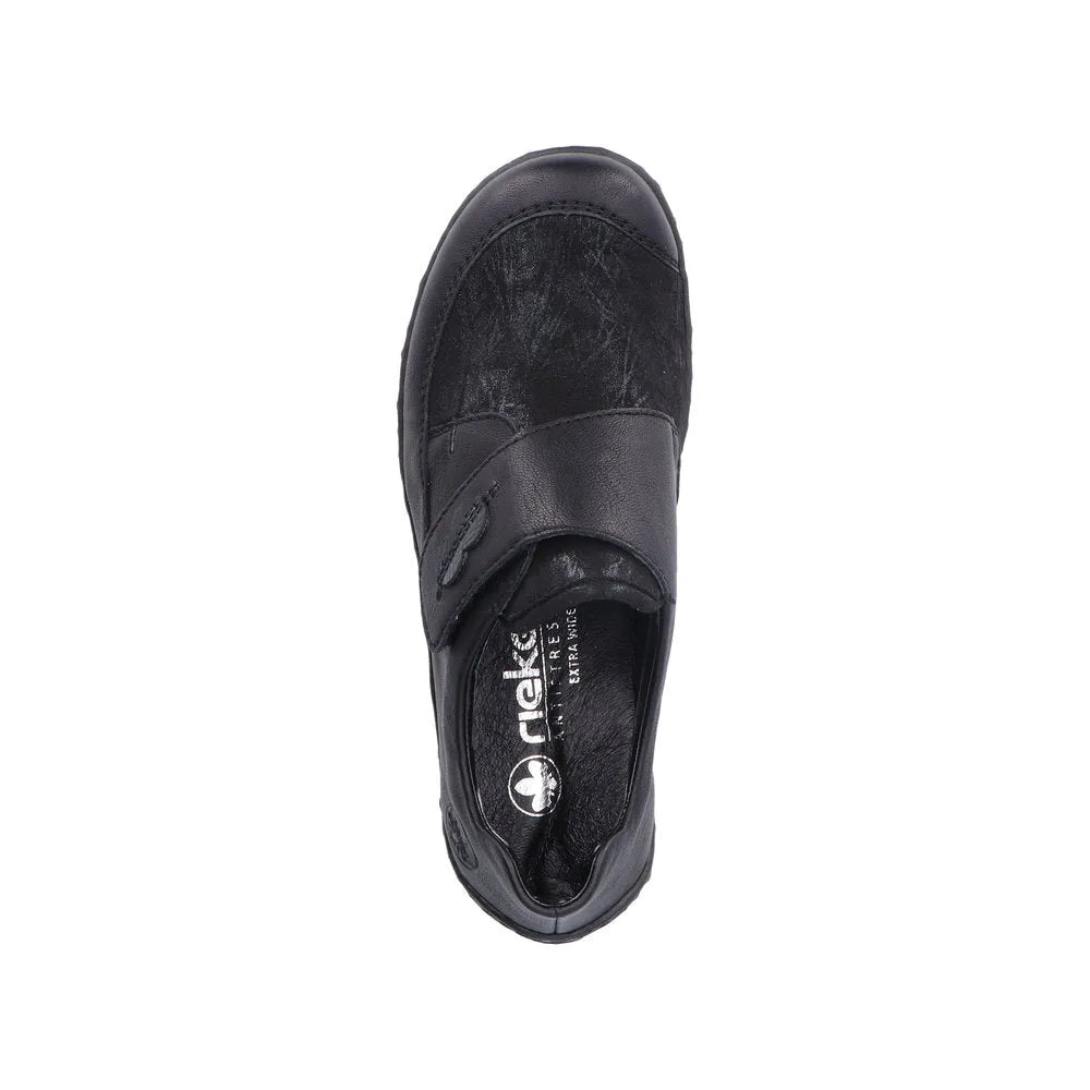 Rieker 48954-00 black stretch ladies touch fastening shoes with Velcro strap and synthetic leather upper.