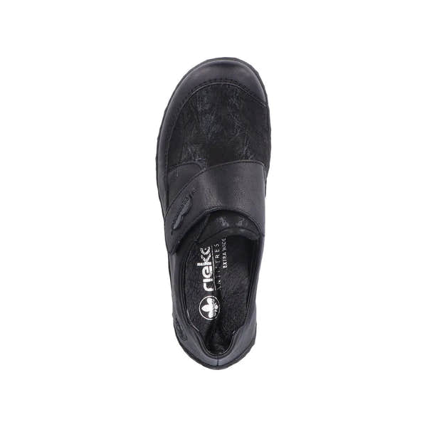 Rieker 48954-00 black stretch ladies touch fastening shoes with Velcro strap and synthetic leather upper.