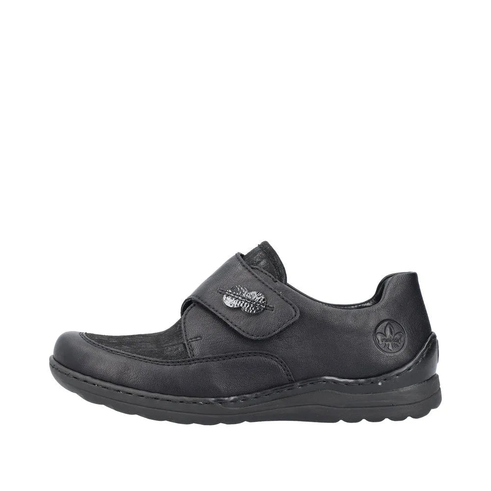 Rieker 48954-00 women's black stretch touch fastening shoes with synthetic leather upper and comfortable sole.