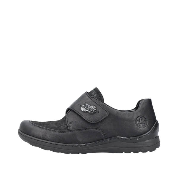 Rieker 48954-00 women's black stretch touch fastening shoes with synthetic leather upper and comfortable sole.