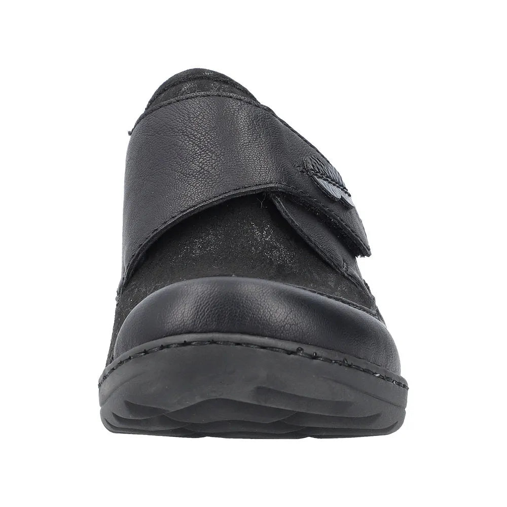 Rieker 48954-00 women's black stretch touch fastening shoes with slip-on design and textured leather upper.