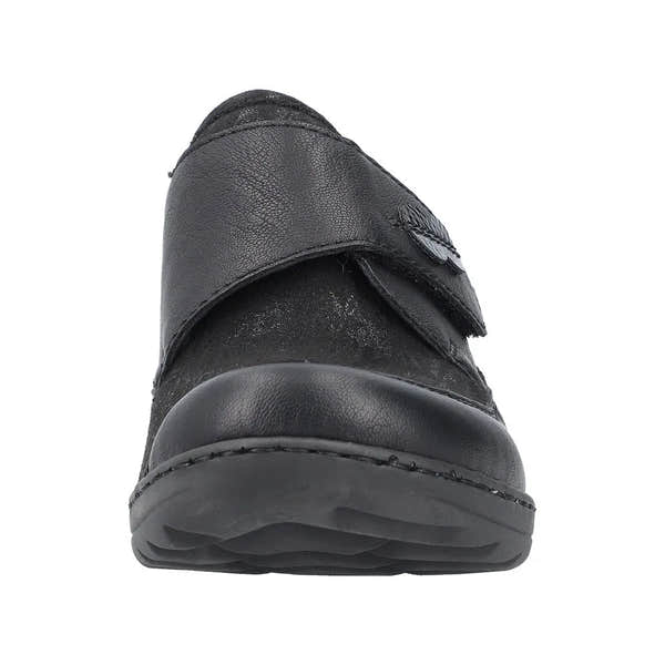 Rieker 48954-00 women's black stretch touch fastening shoes with slip-on design and textured leather upper.