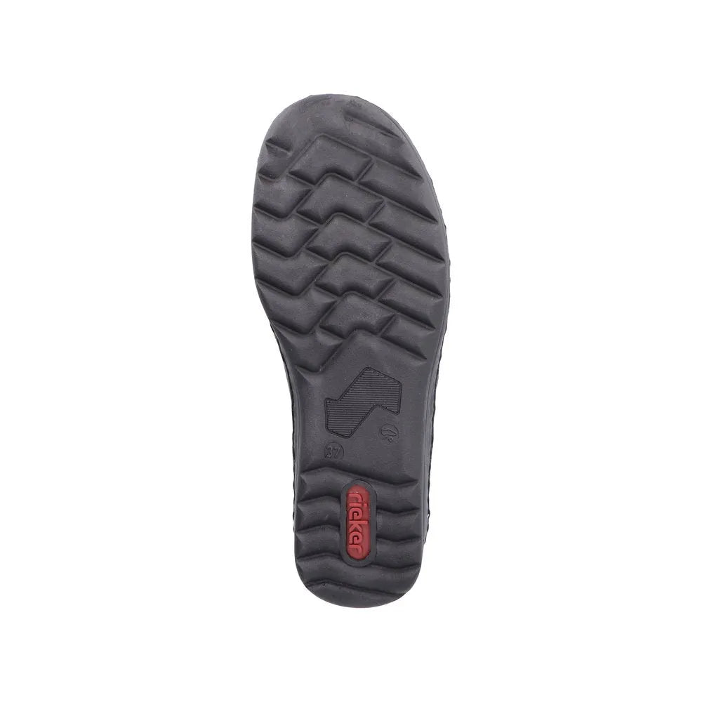 Rieker 48954-00 women's black stretch touch fastening shoes with rugged sole and slip-on design.