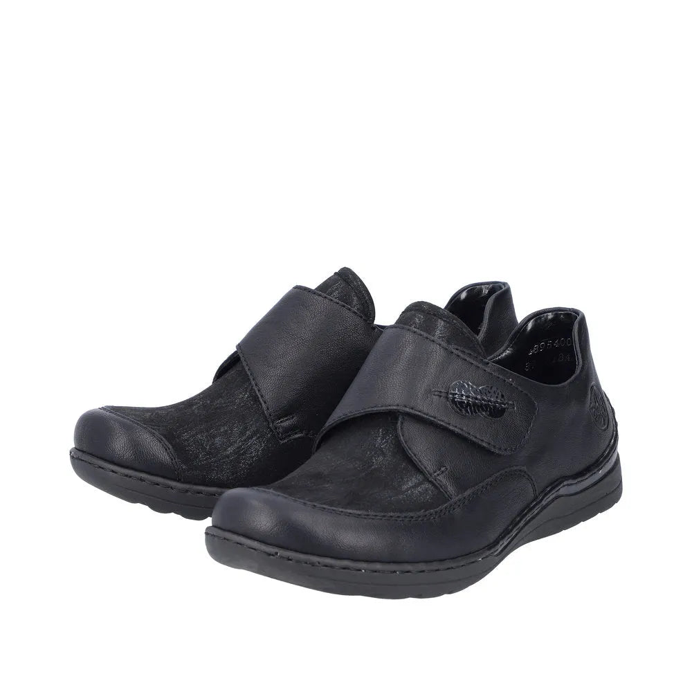 Rieker 48954-00 women's black stretch touch fastening casual shoes with slip-on design and comfortable sole.