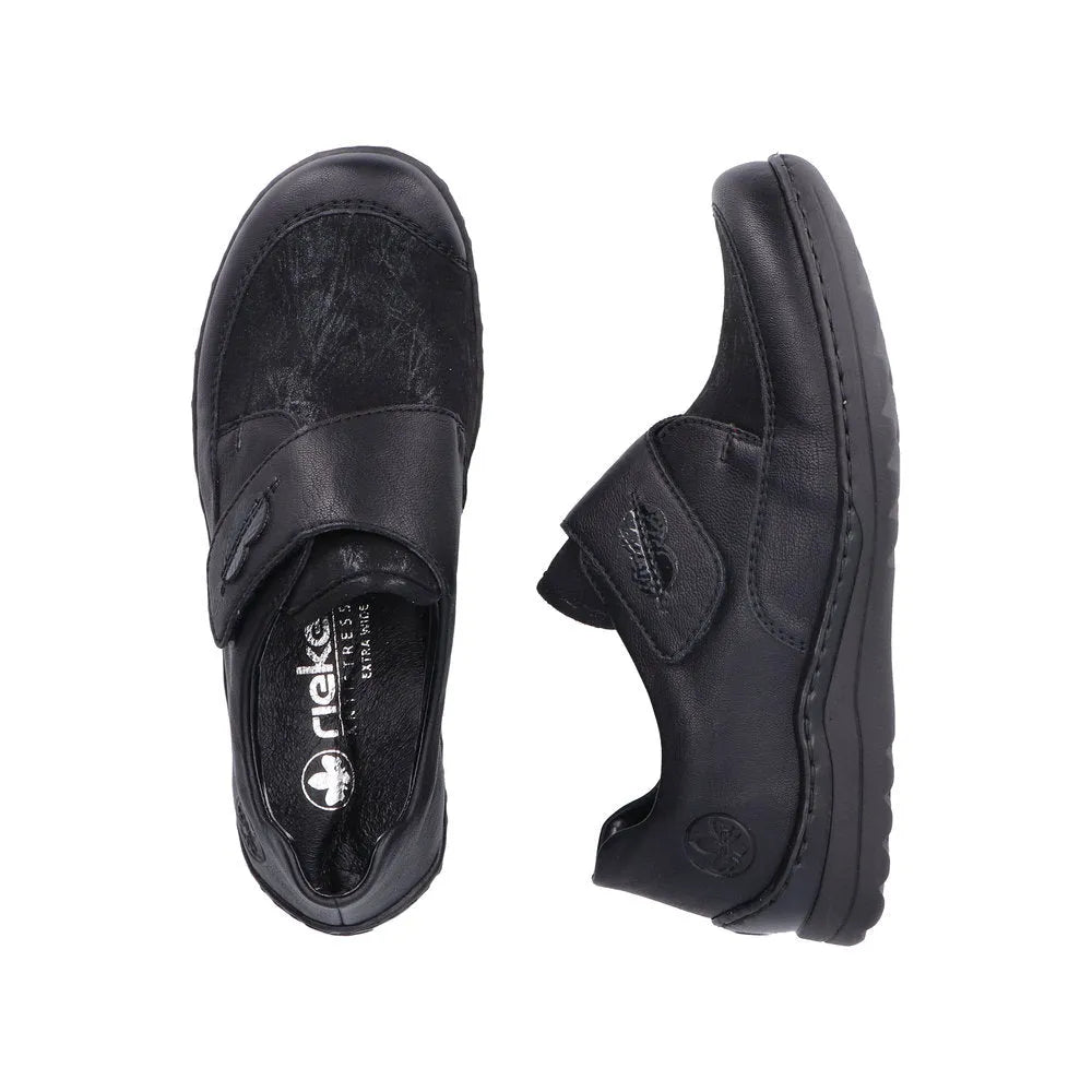 Rieker 48954-00 women's black stretch touch fastening shoes with padded soles and slip-on design.