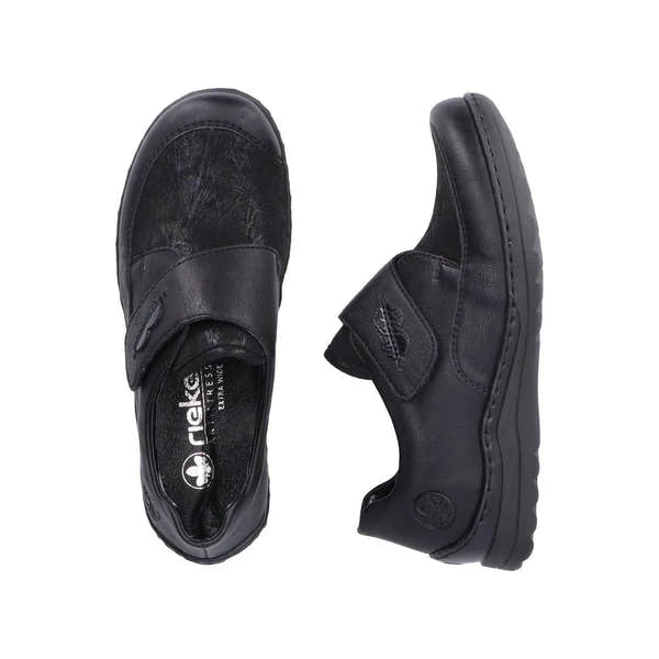 Rieker 48954-00 women's black stretch touch fastening shoes with padded soles and slip-on design.