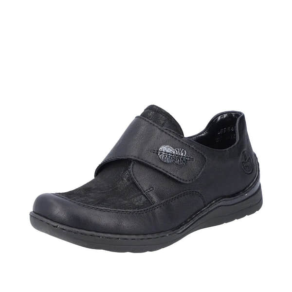 Rieker 48954-00 women's black stretch contact fastening shoe with a sporty design and adjustable strap for comfort.