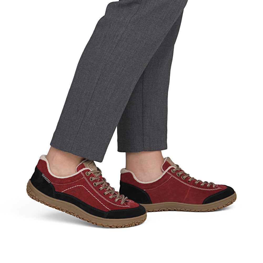 Rieker 52303-35 women's wide red/black suede lace up shoes, on-foot lifestyle view.