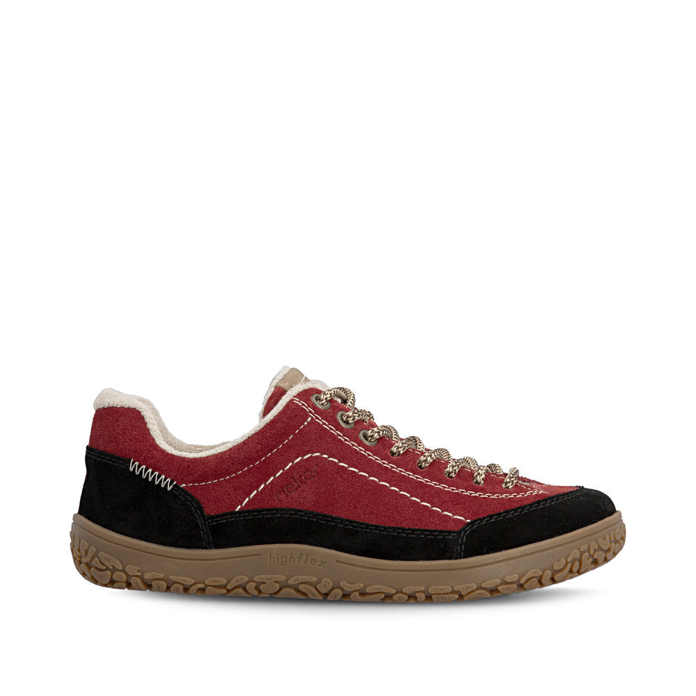 Rieker 52303-35 women's wide red/black suede lace up shoes, opposite side view.